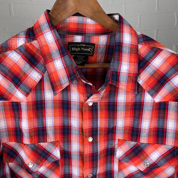 High Noon Shirt Mens XLarge Orange‎ Blue Plaid Pearl Snap Western Cowboy Cotton - Picture 2 of 9